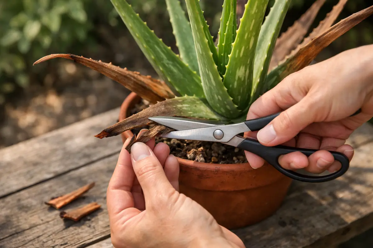 Step 1 – Trim Brown Aloe Leaves to Promote Growth Why are my aloe leaves browning in dry weather Section illustration.