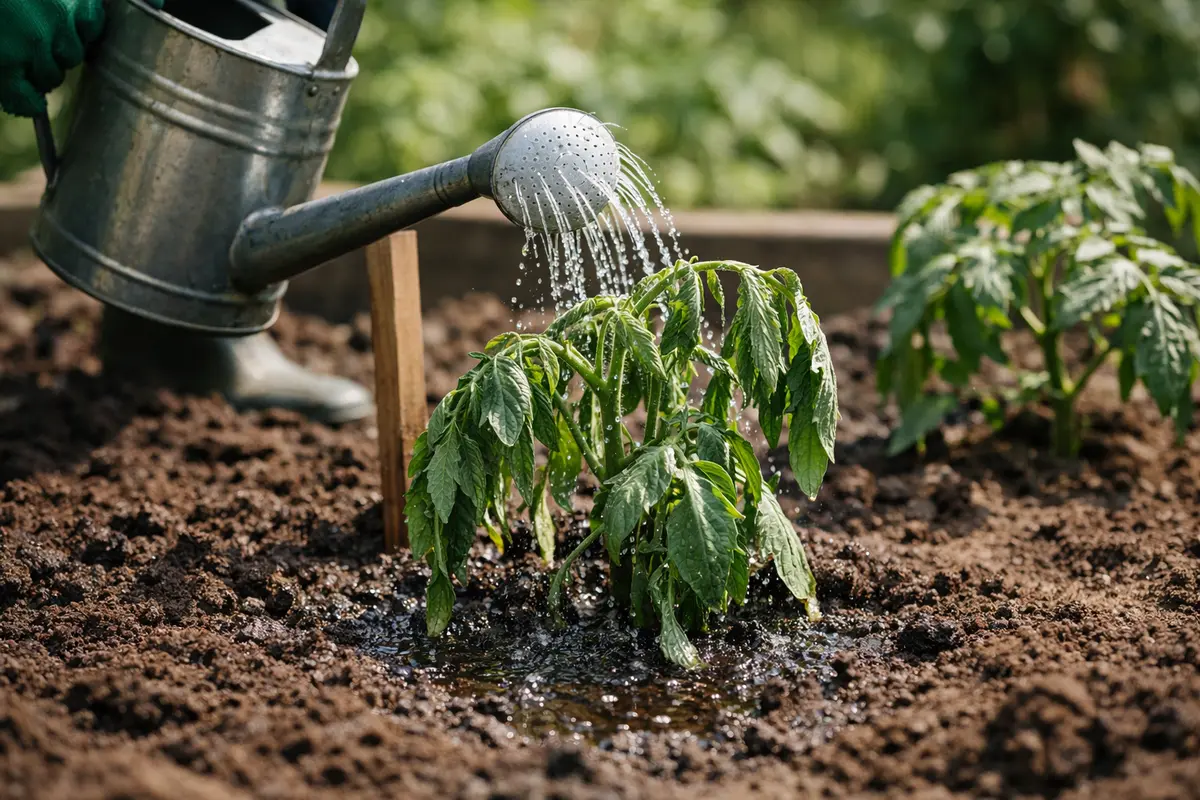 Step 3 – Water Adequately to Aid Tomato Recovery What to do when beefsteak tomato plants droop after transplant Section illus