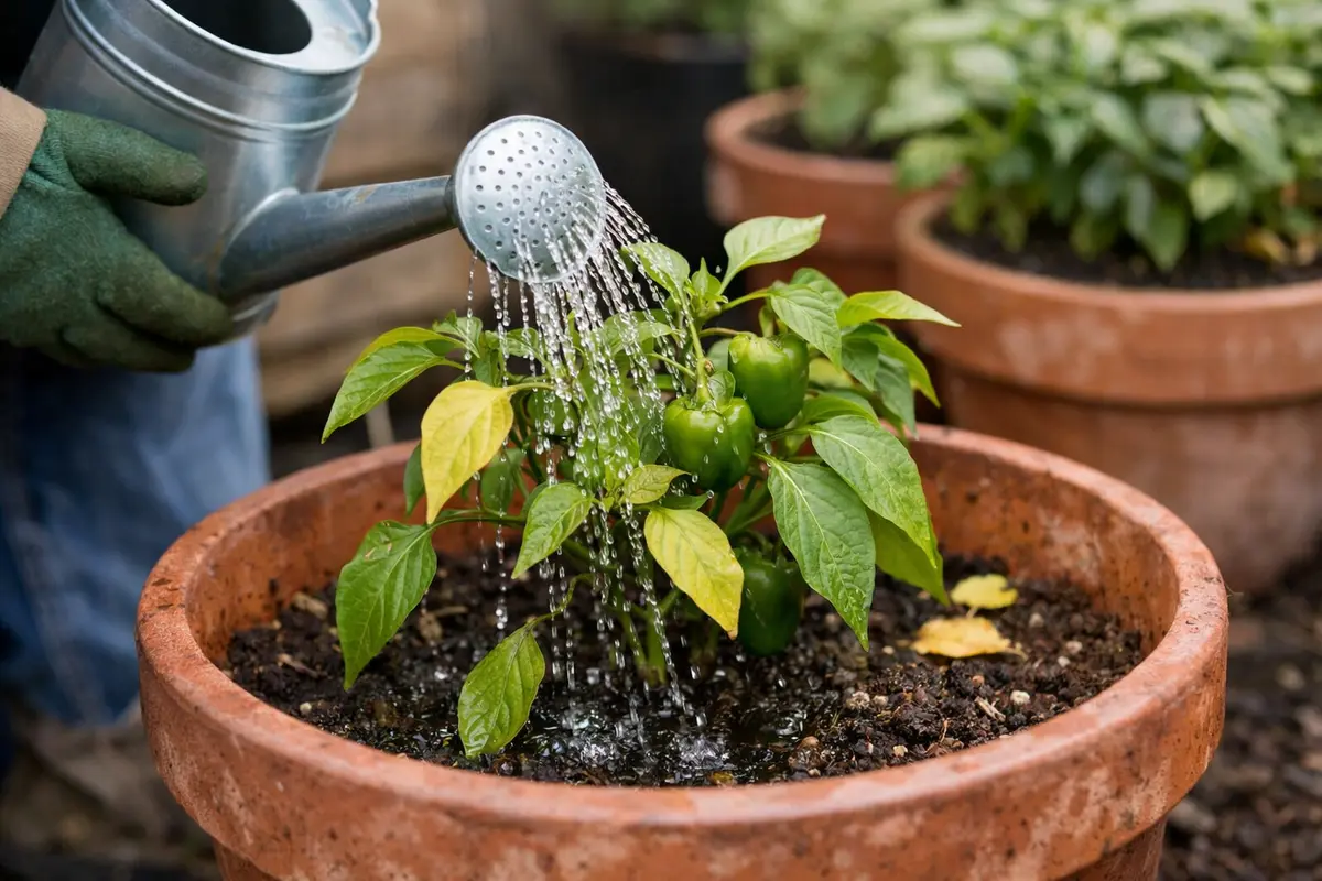 Step 3 – Water Bell Peppers to Encourage Leaf Regrowth What to do when bell pepper leaves turn yellow in pots Section illustr