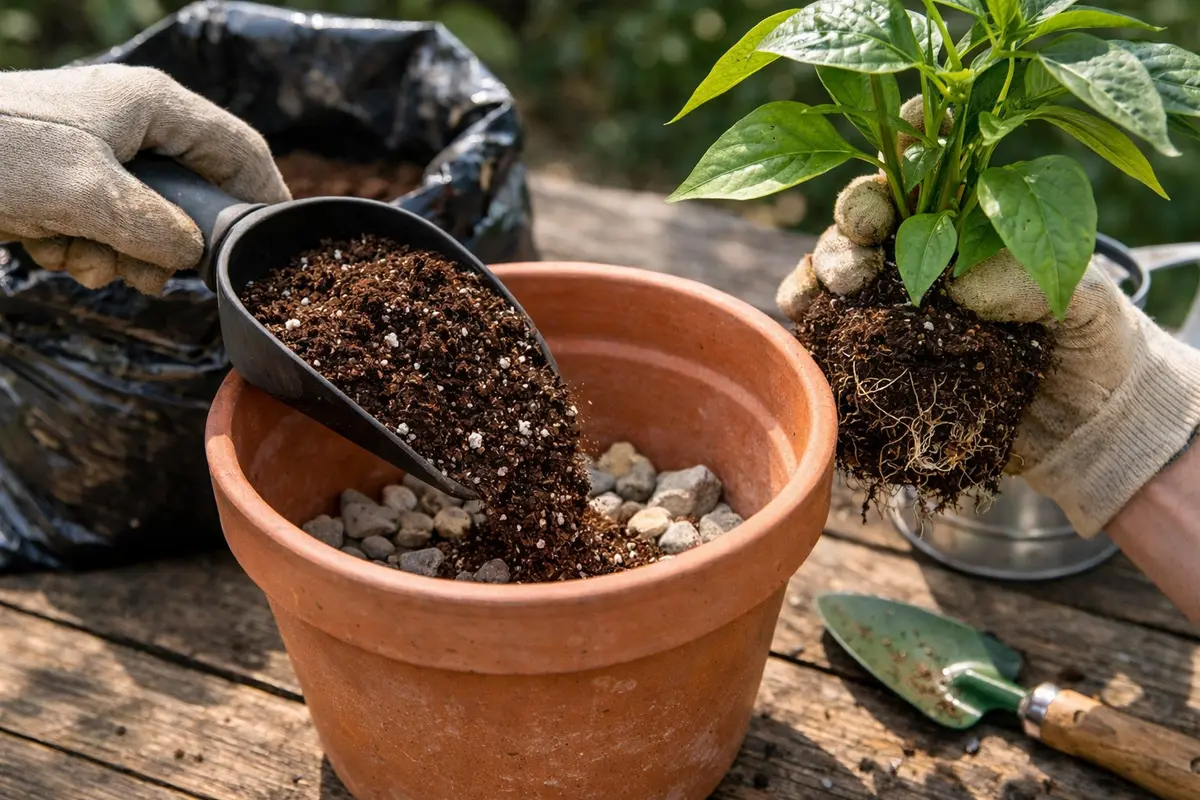 Step 4 – Implement Proper Soil Drainage for Pot Plants What to do when bell pepper leaves turn yellow in pots Section illustr