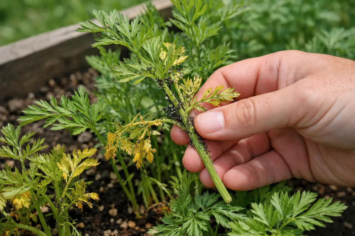 Step 1 – Inspect Carrot Tops for Signs of Pests What to do when carrot tops turn yellow in raised beds Section illustration.