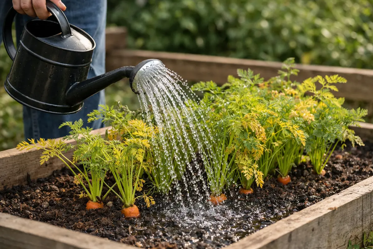 Step 3 – Water Carrots Deeply for Quick Recovery What to do when carrot tops turn yellow in raised beds Section illustration.