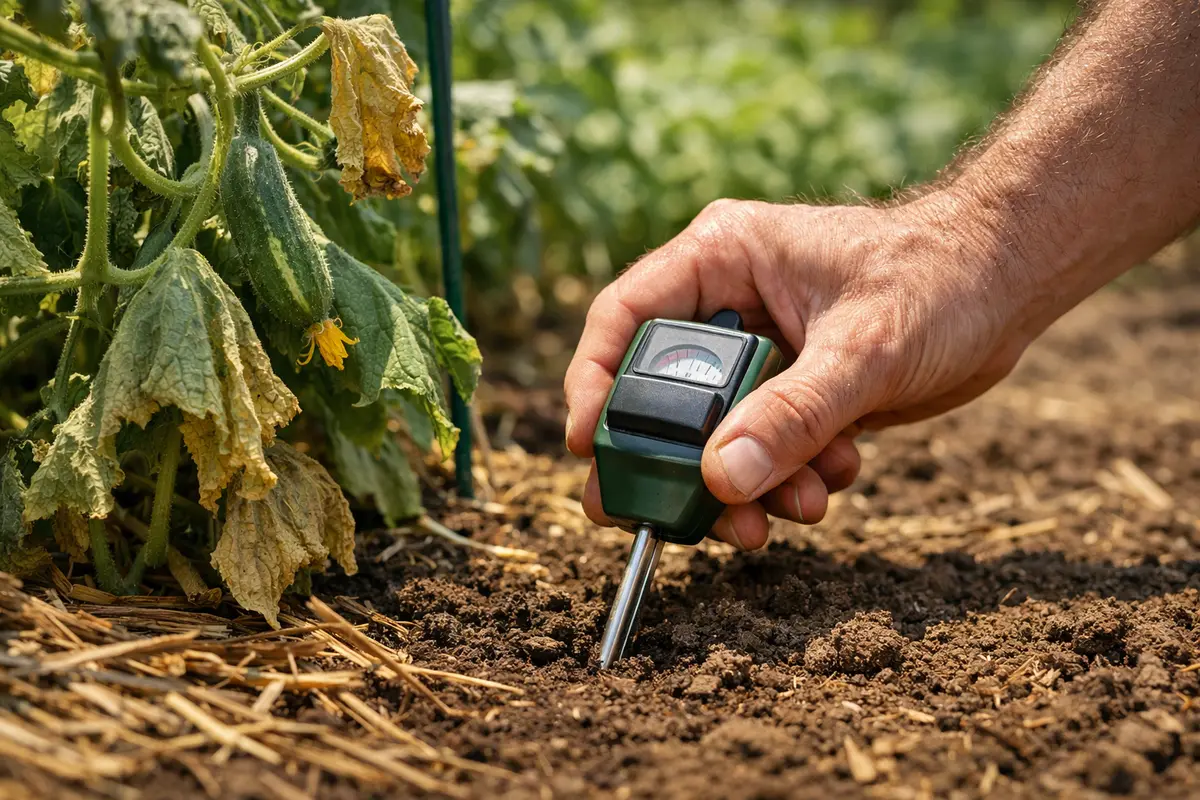 Step 3 – Test Soil Moisture Before Further Action Why are my cucumber plants wilting during the heatwave Section illustration