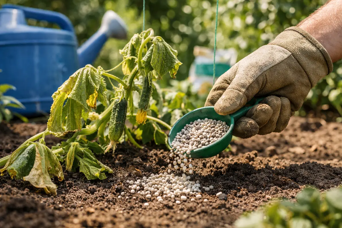 Step 4 – Revive Cucumber Plants with Balanced Fertilizer Why are my cucumber plants wilting during the heatwave Section illus