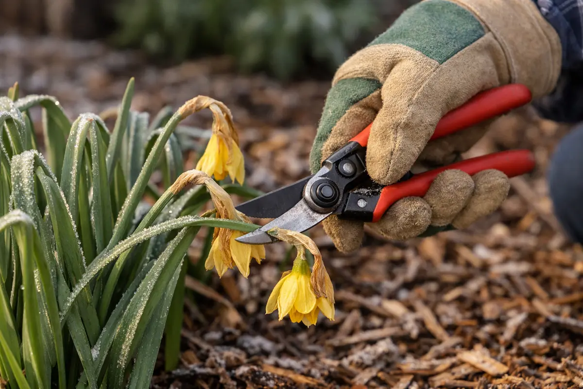Step 1 – Cut Back Drooping Daffodils Immediately Why are my daffodils drooping after the first frost Section illustration.