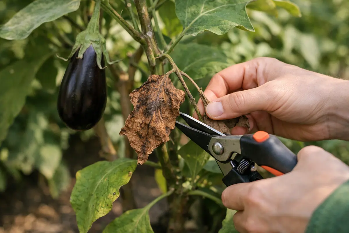 Step 1 – Trim Brown Eggplant Leaves Immediately Why are my eggplant leaves turning brown in summer Section illustration.