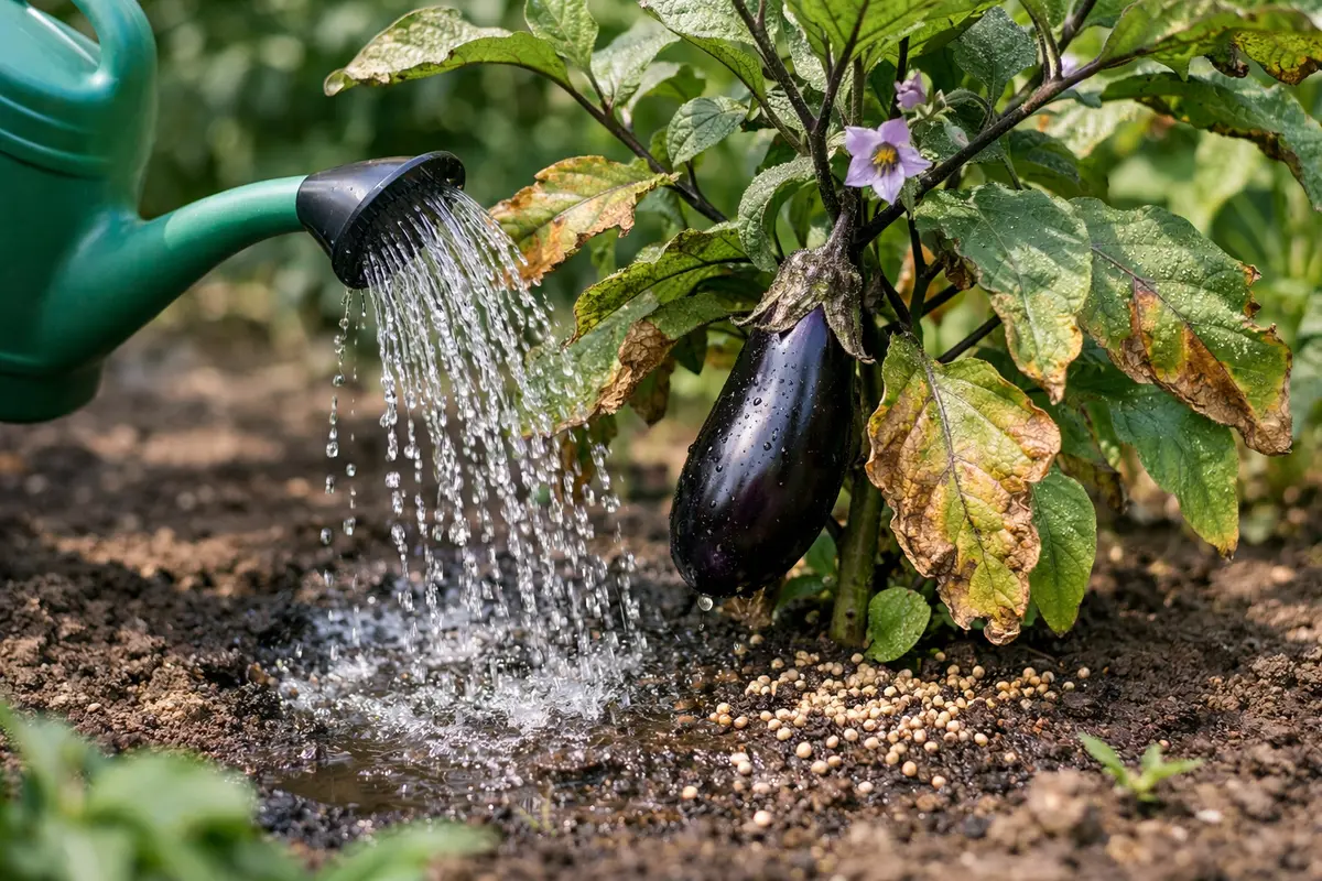Step 3 – Water and Fertilize to Revive Eggplants Why are my eggplant leaves turning brown in summer Section illustration.