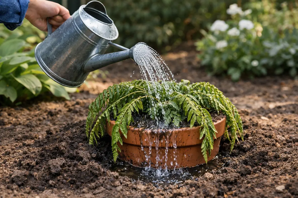 Step 1 – Water the Fern Thoroughly and Immediately What to do when fern plants droop after transplanting Section illustration