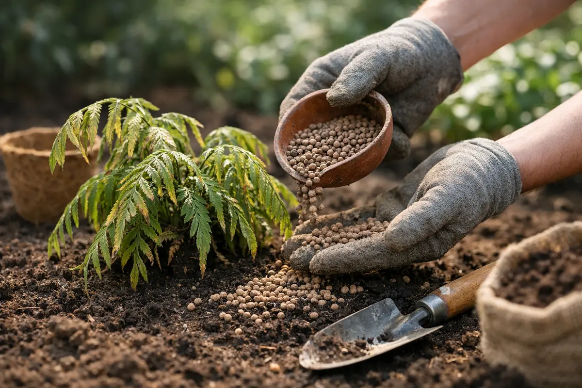 Step 3 – Add Organic Fertilizer for Fern Recovery What to do when fern plants droop after transplanting Section illustration.