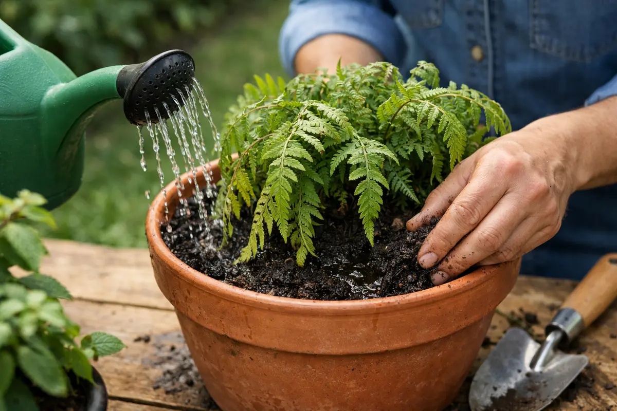 Step 4 – Ensure Consistent Moisture for Healthy Ferns What to do when fern plants droop after transplanting Section illustrat