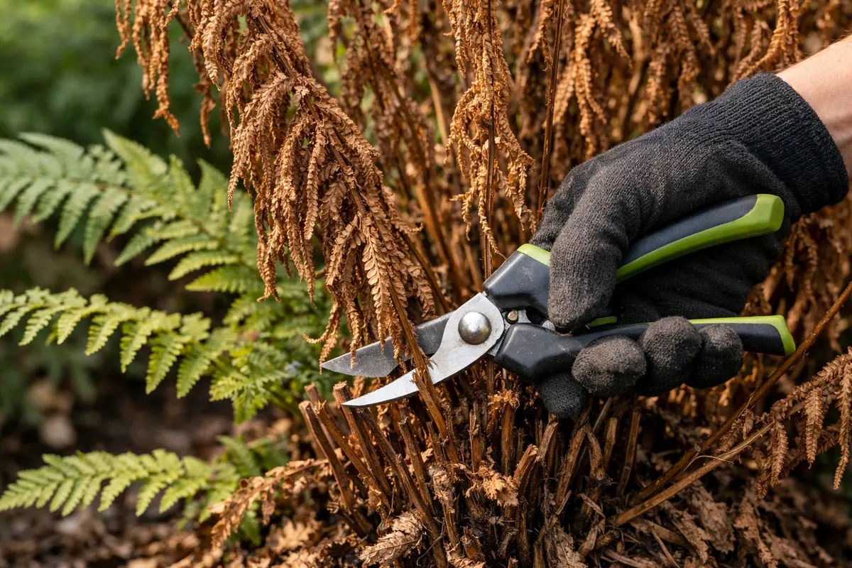 Step 1 – Trim Brown Fern Fronds Now Why do my ferns turn brown during winter cold Section illustration.