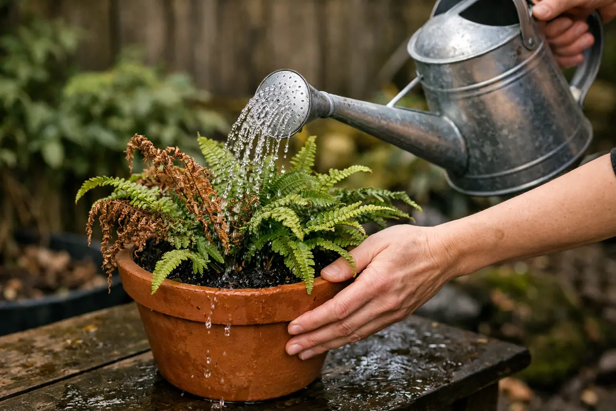 Step 3 – Water Ferns to Aid Recovery Why do my ferns turn brown during winter cold Section illustration.
