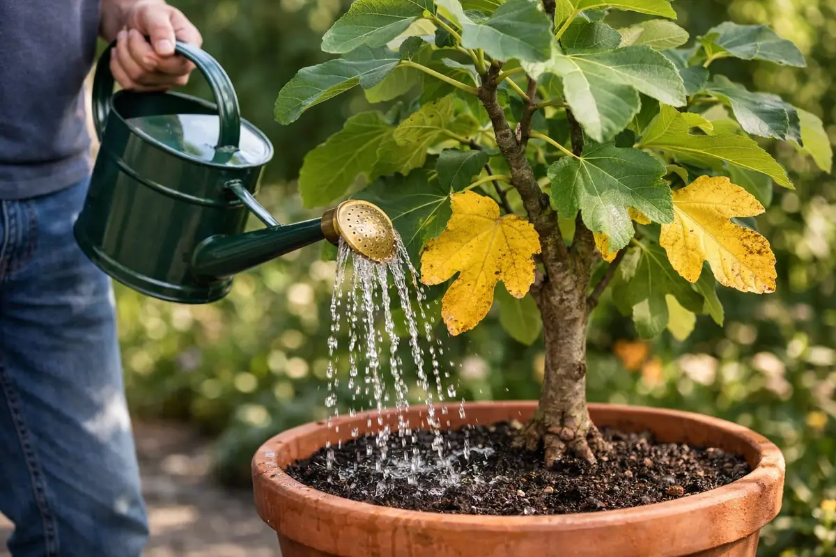 Step 4 – Water Consistently to Prevent Yellowing What to do when fig trees develop yellow leaves in summer Section illustrati