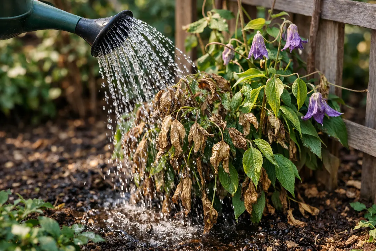 Step 1 – Water Clemmatis Deeply to Revive Leaves How to fix curled leaves on clematis after drought Section illustration.