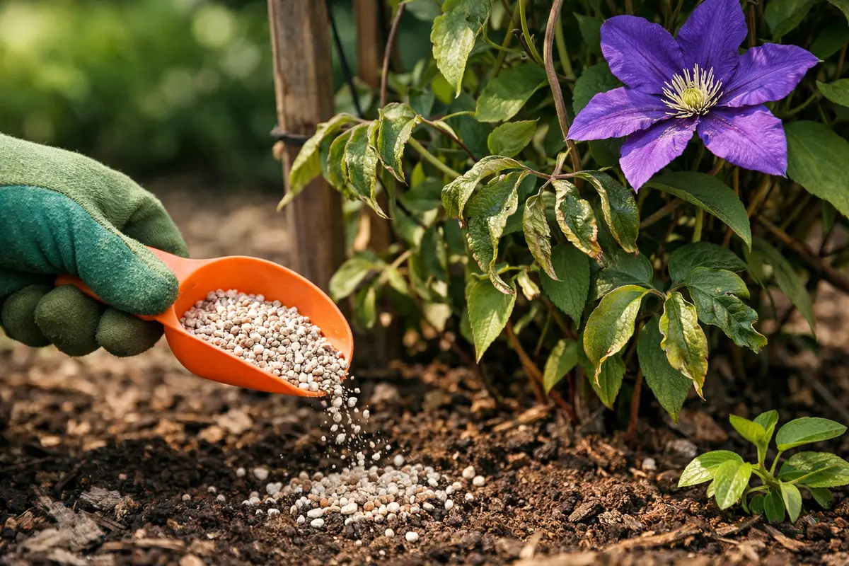 Step 4 – Apply Fertilizer to Recover Curled Clematis Leaves How to fix curled leaves on clematis after drought Section illust