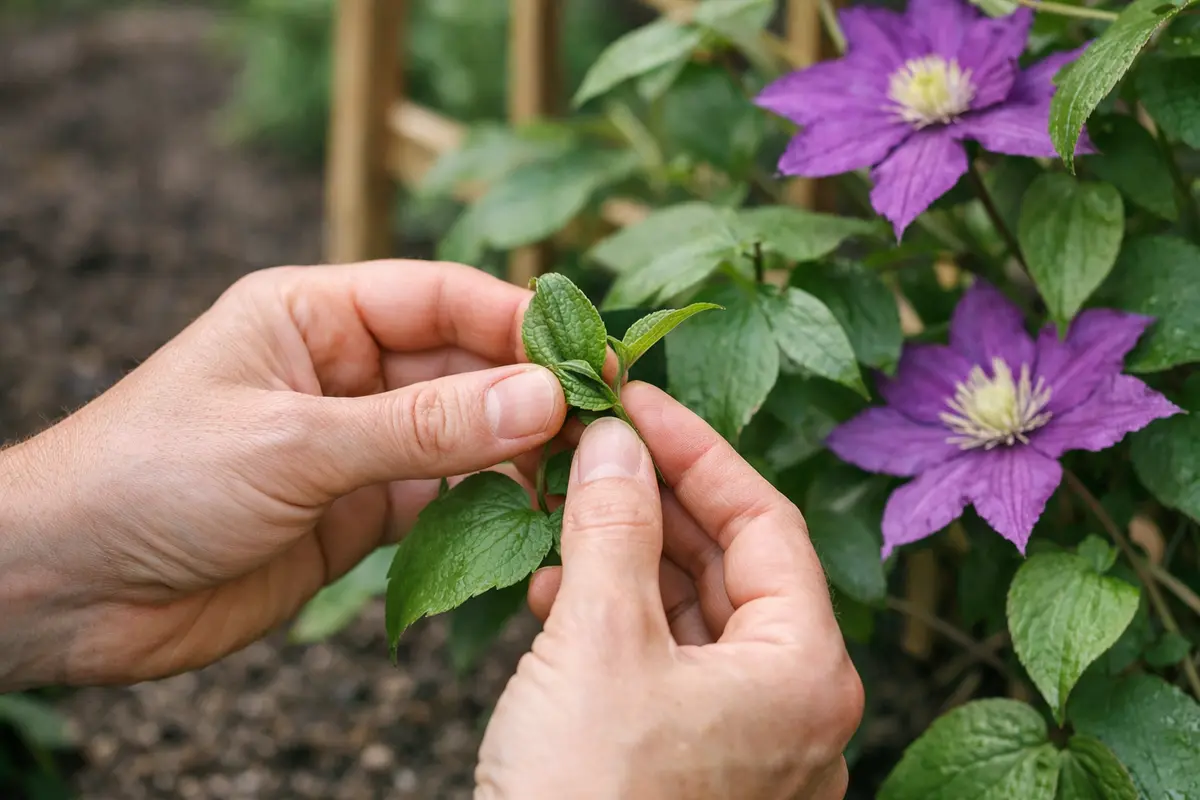 Step 6 – Inspect Leaves for Signs of New Curling Post-Watering How to fix curled leaves on clematis after drought Section ill