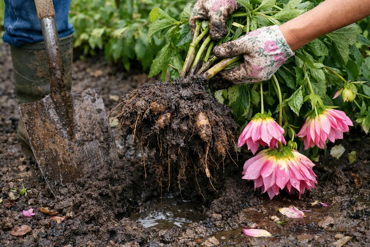Step 1 – Lift Dahlias to Remove Waterlogged Soil How to fix drooping dahlia flowers after heavy rain Section illustration.