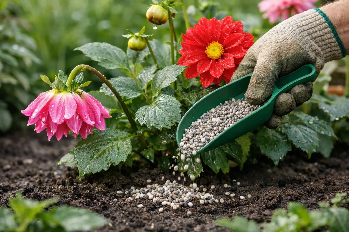 Step 3 – Fertilize Dahlias for Healthy Recovery Post-Rain How to fix drooping dahlia flowers after heavy rain Section illustr