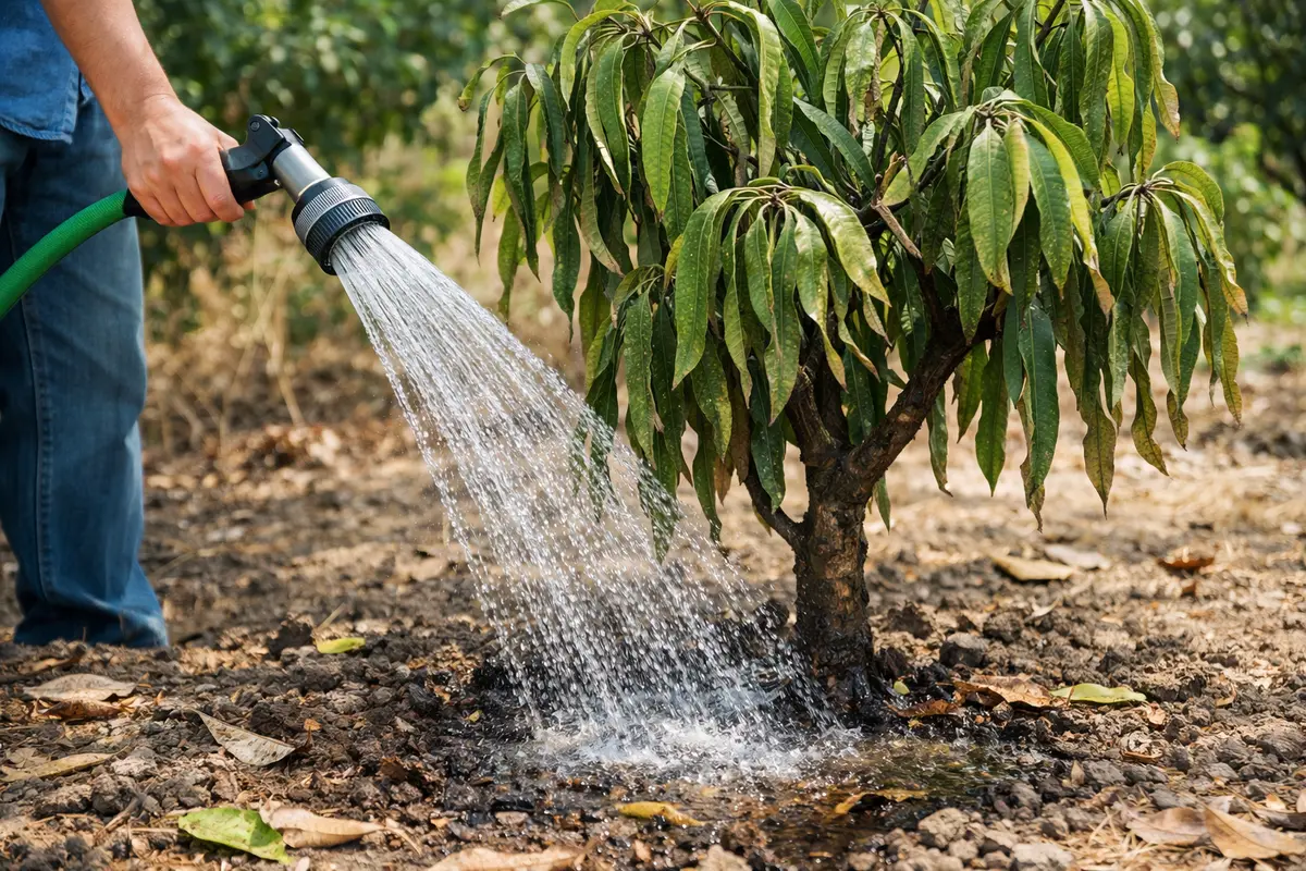 Step 1 – Water Your Mango Tree Immediately How to fix drooping mango tree leaves after drought Section illustration.