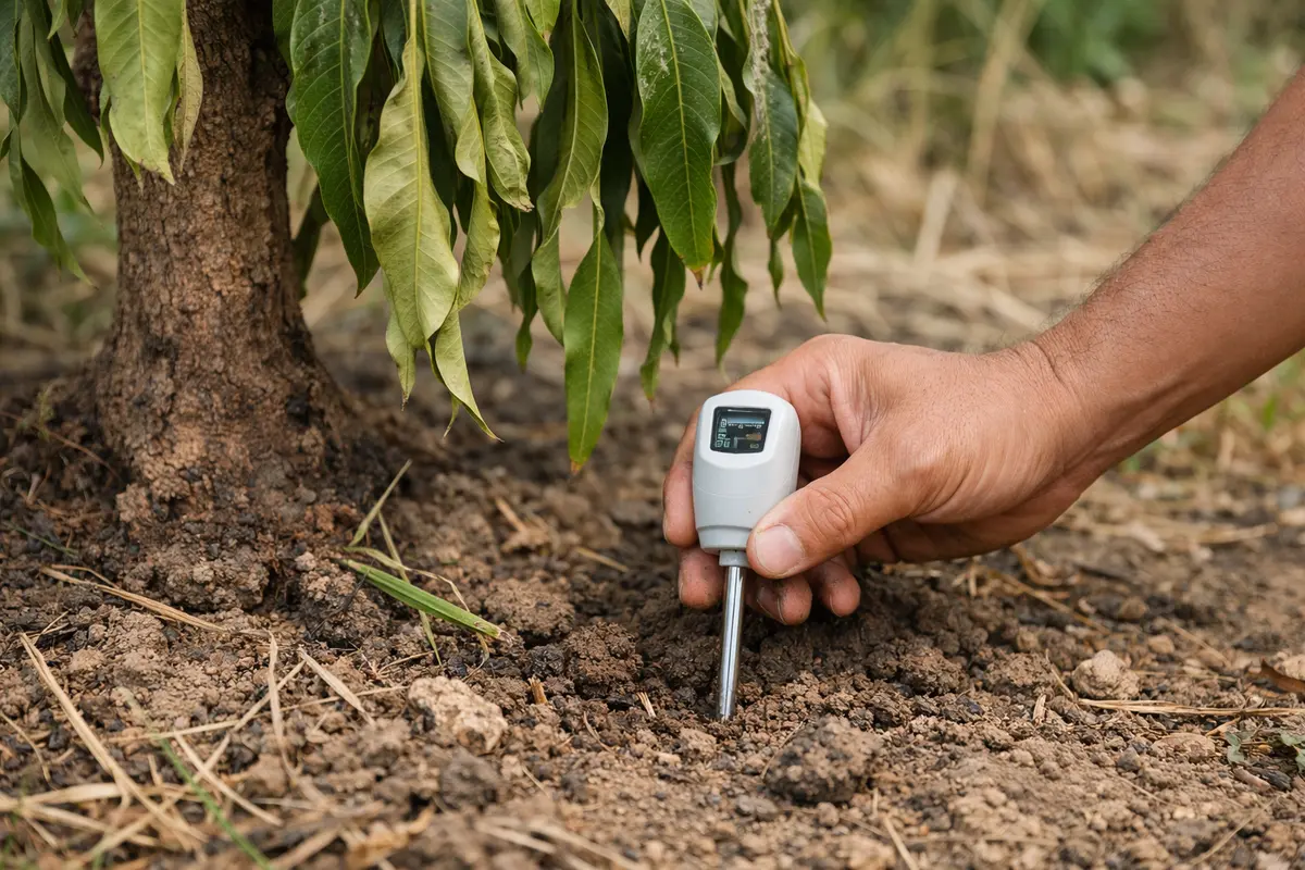 Step 3 – Test Soil Moisture for Leaf Drooping How to fix drooping mango tree leaves after drought Section illustration.