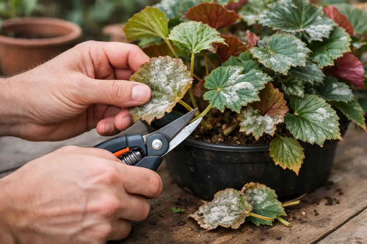 Step 1 – Remove Infected Begonia Leaves Immediately How to fix powdery mildew on begonia leaves during humidity Section illus