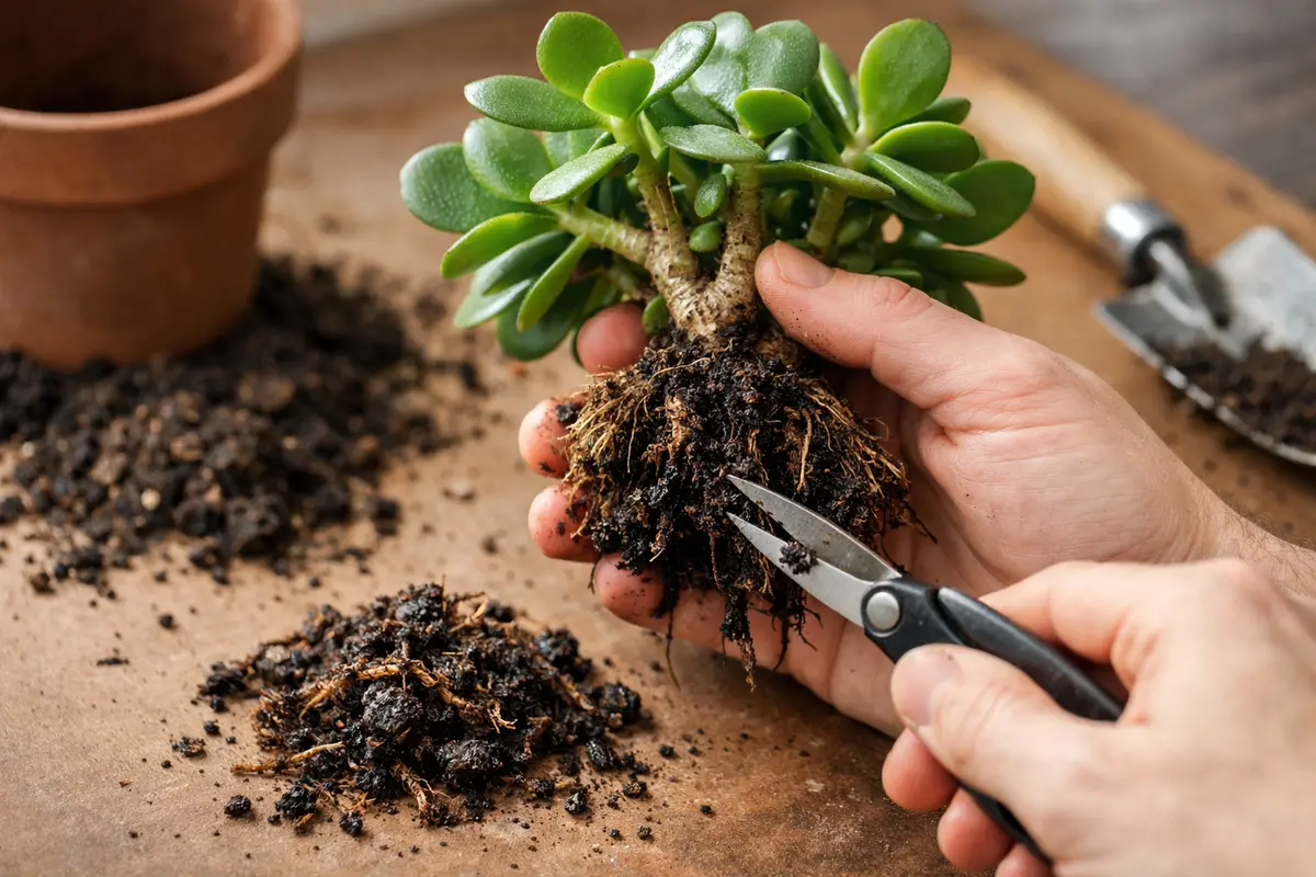 Step 1 – Remove Rotting Roots from Jade Plant How to fix root rot in jade plant during winter Section illustration.