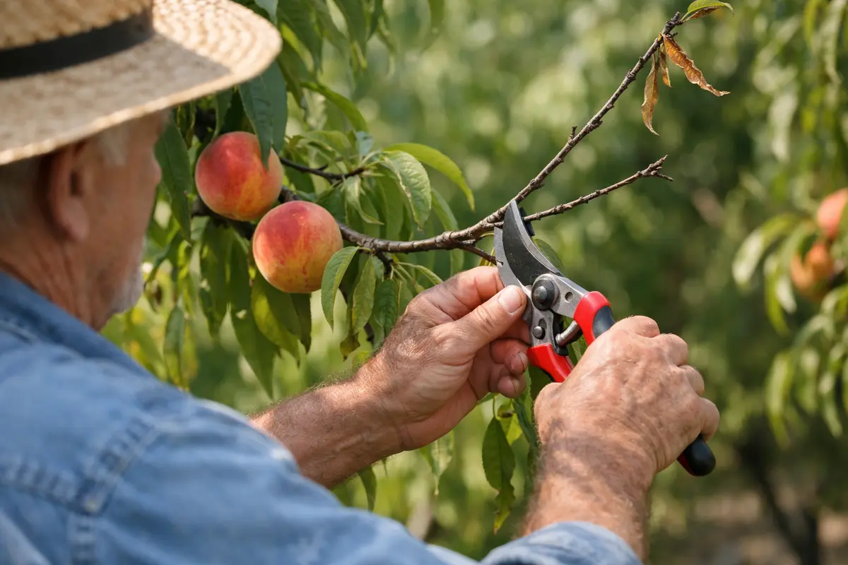 Step 1 – Prune Weak Peach Tree Branches Now How to fix stunted growth in peach trees during summer Section illustration.