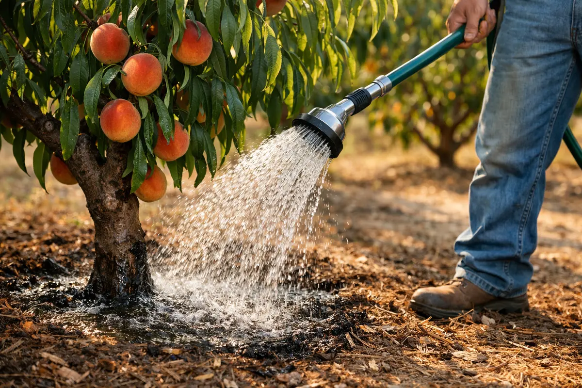 Step 4 – Water Peach Trees Deeply During Heatwaves How to fix stunted growth in peach trees during summer Section illustratio