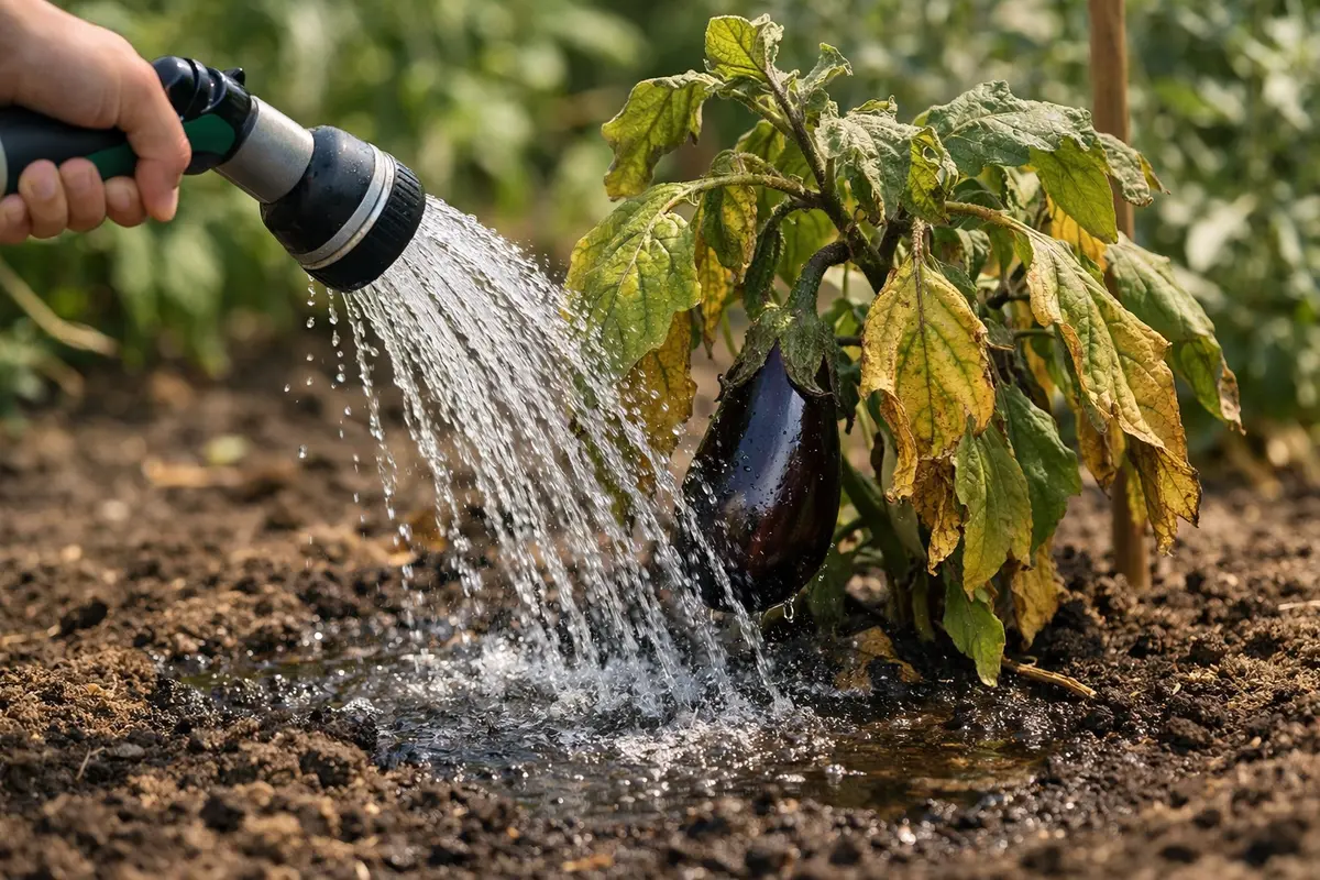 Step 1 – Water Eggplant Deeply to Revive Leaves How to fix yellow leaves on eggplant after drought Section illustration.