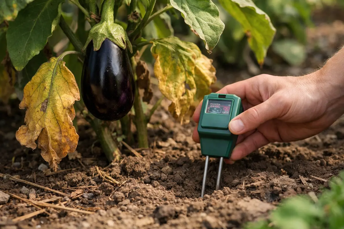 Step 3 – Test Soil Moisture for Yellowing Leaves How to fix yellow leaves on eggplant after drought Section illustration.