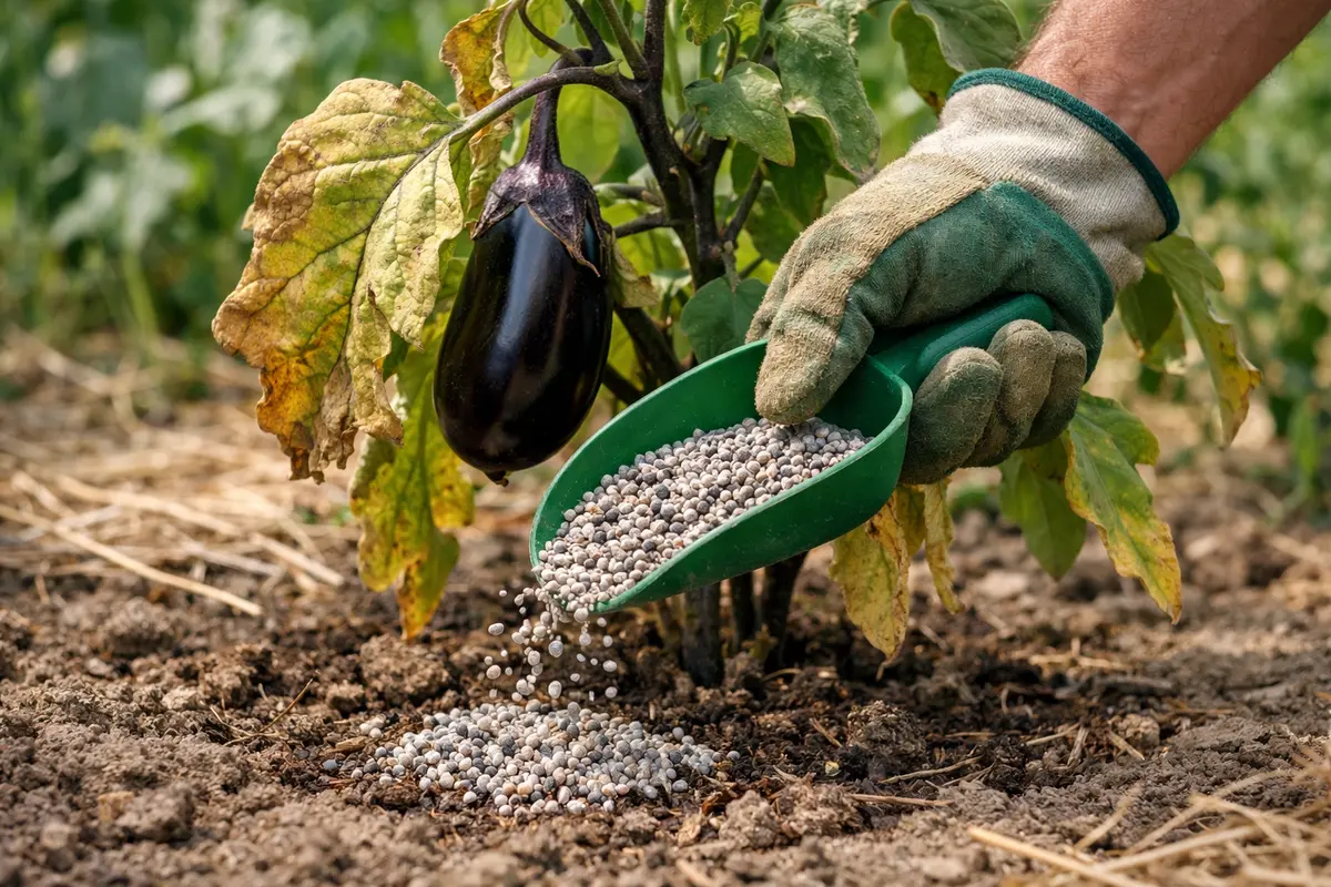Step 4 – Apply Fertilizer to Support Eggplant Recovery How to fix yellow leaves on eggplant after drought Section illustratio