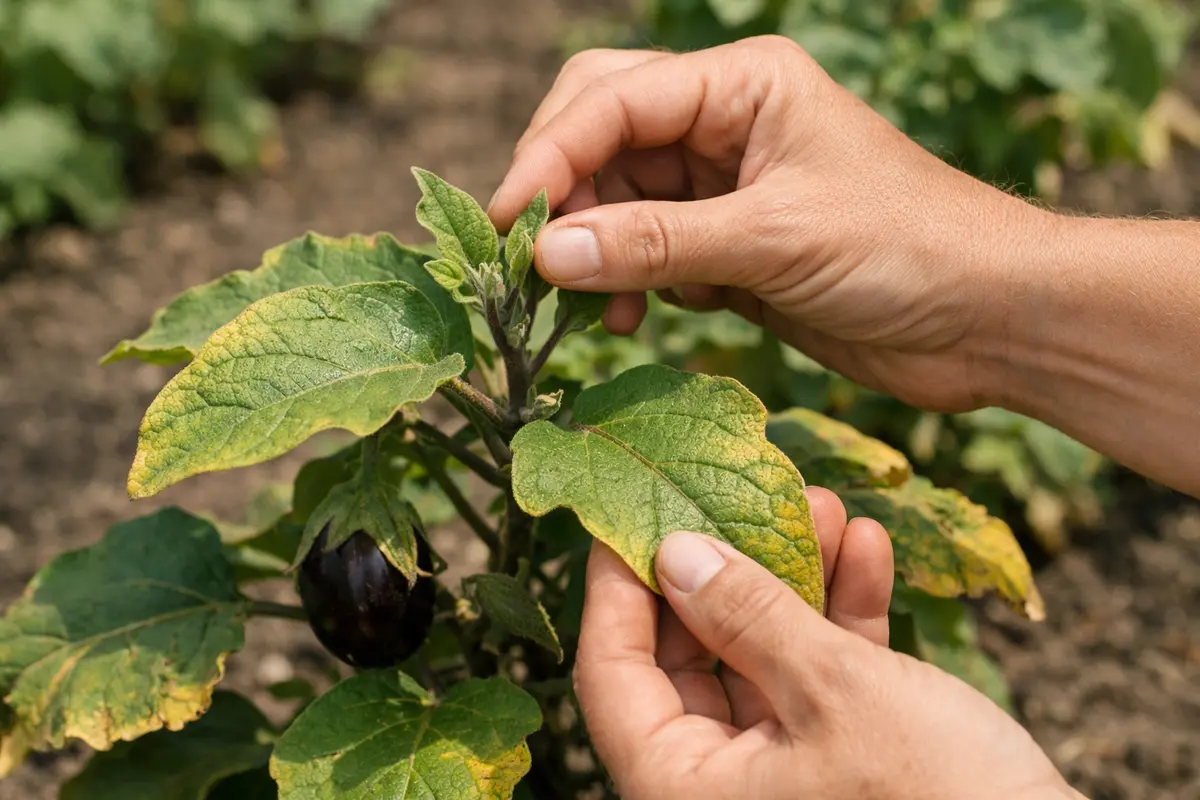 Step 6 – Check Eggplant Leaves for New Growth Weekly How to fix yellow leaves on eggplant after drought Section illustration.
