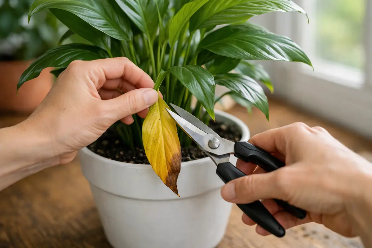 Step 1 – Trim Back Yellowing Peace Lily Leaves How to fix yellowing leaves on peace lily after repotting Section illustration