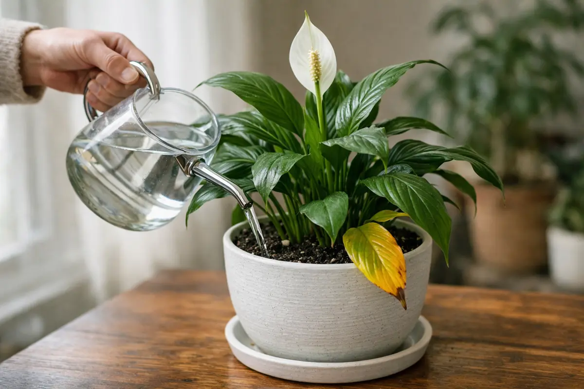 Step 3 – Water Peace Lily to Restore Vibrancy How to fix yellowing leaves on peace lily after repotting Section illustration.