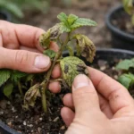 fixing curling mint leaves after planting with damaged foliage in outdoor soil