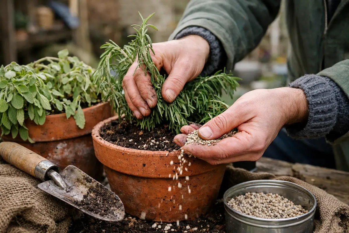 fixing drooping herbs in pots during feed herbs to boost winter resilience