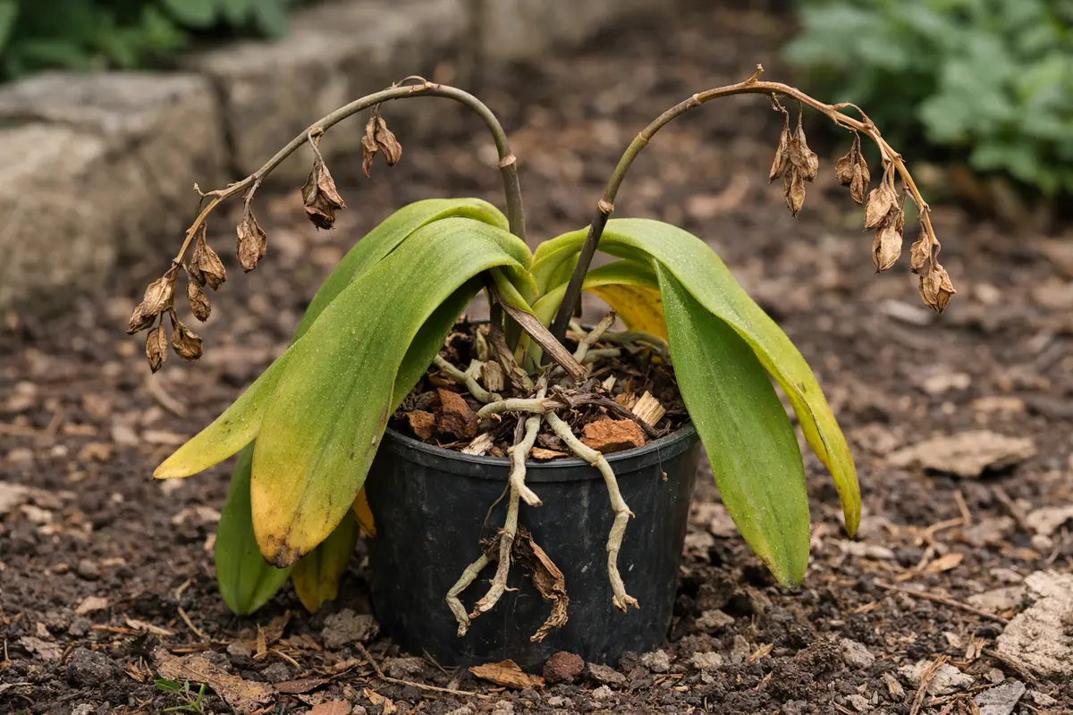 fixing drooping orchid leaves after transplant wilting visibly in real garden soil
