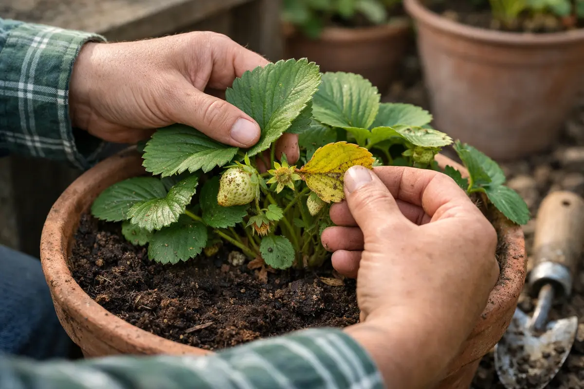fixing stunted growth in potted strawberries inspect potted strawberries for immediate signs
