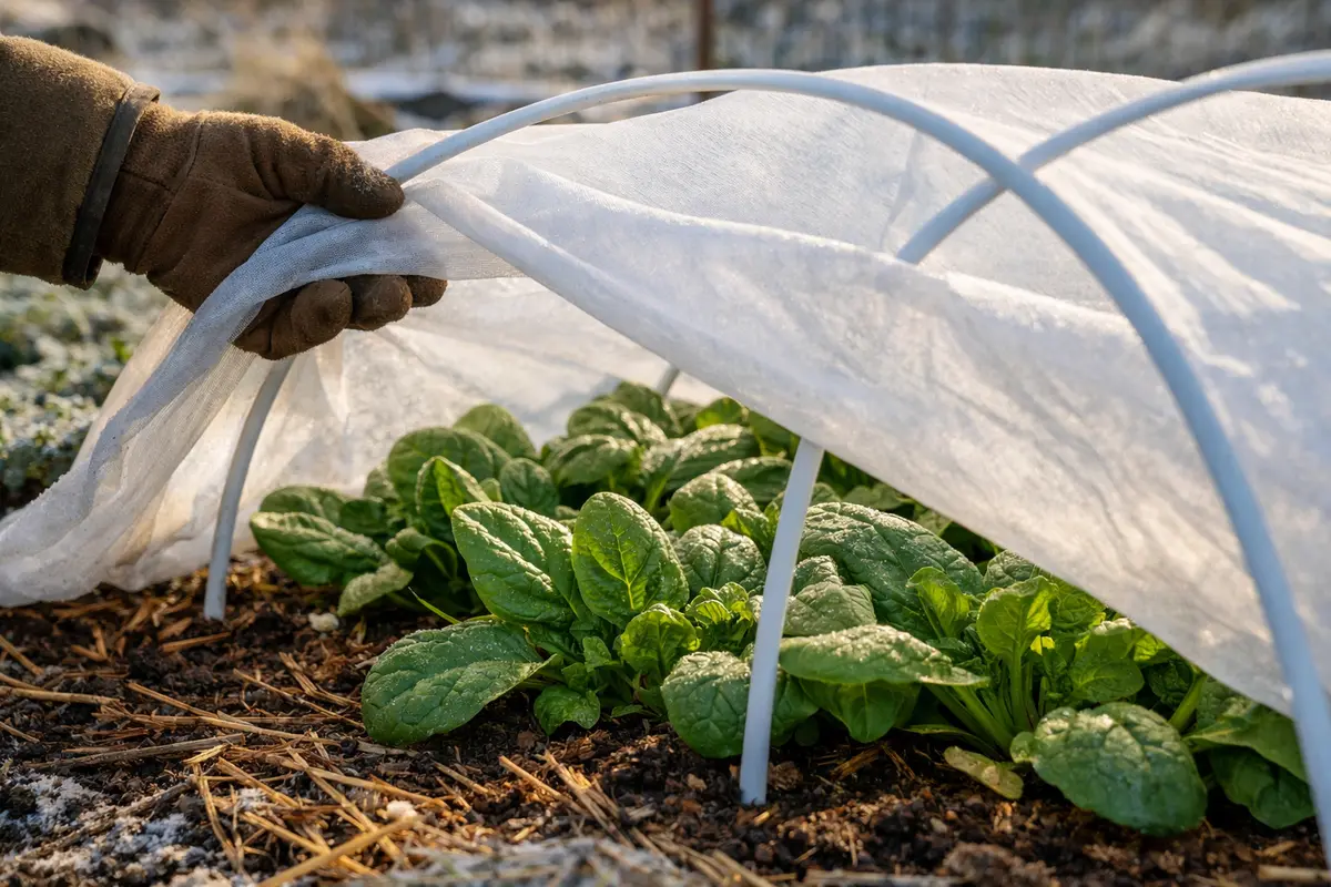 Step 4 – Shield Spinach from Future Frosts Fixing wilted spinach after unexpected freezing temperatures Section illustration.
