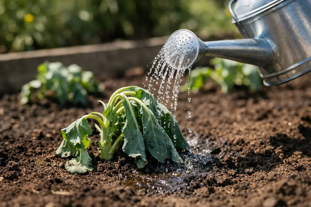Step 1 – Water Wilting Broccoli Plants Immediately Fixing wilting broccoli plants after transplant in sun Section illustratio