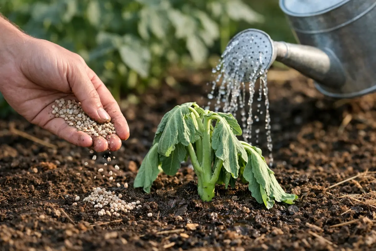 Step 3 – Feed Broccoli to Encourage Recovery Fixing wilting broccoli plants after transplant in sun Section illustration.