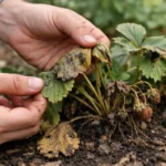 fixing wilting strawberries after watering mistakes with damaged foliage in outdoor soil