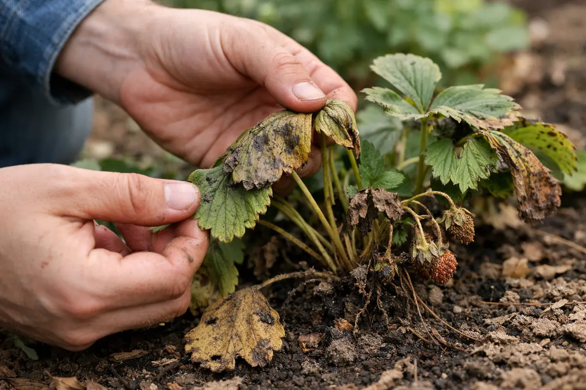 fixing wilting strawberries after watering mistakes with damaged foliage in outdoor soil