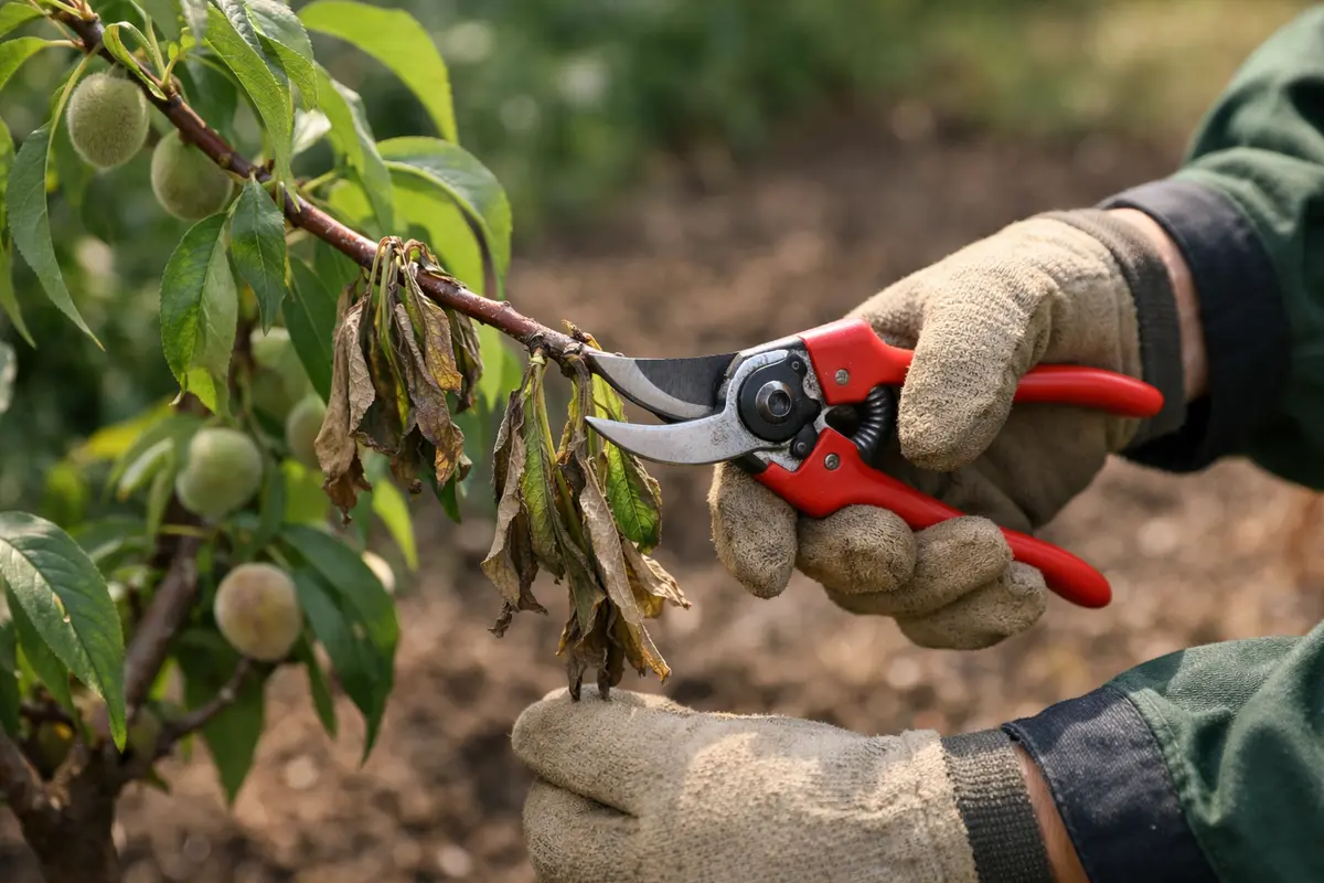 Step 1 – Prune Wilting Peach Tree Branches Immediately Fixing wilting young peach trees exposed to frost Section illustration