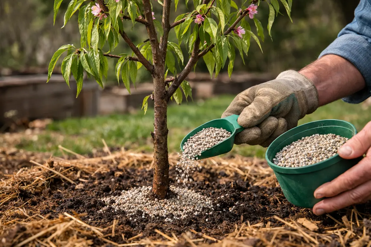 Step 3 – Feed Peach Trees to Aid Recovery Fixing wilting young peach trees exposed to frost Section illustration.