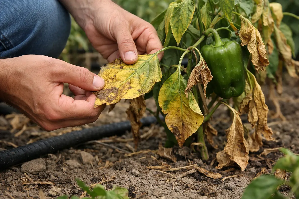 fixing yellow leaves on bell peppers with damaged foliage in outdoor soil