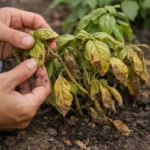 fixing yellowing herbs after transplant shock with damaged foliage in outdoor soil