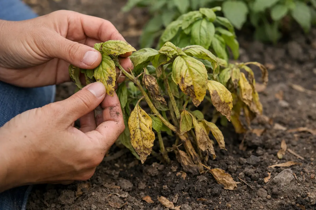 fixing yellowing herbs after transplant shock with damaged foliage in outdoor soil