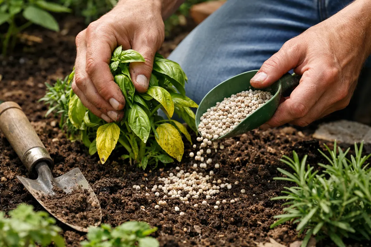 fixing yellowing herbs after transplant shock in fertilize herbs to reverse yellowing