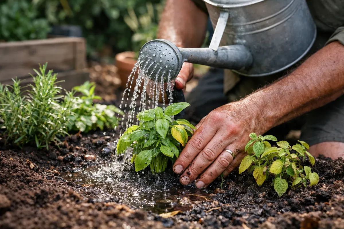 fixing yellowing herbs after transplant shock in summer water transplanted herbs immediately